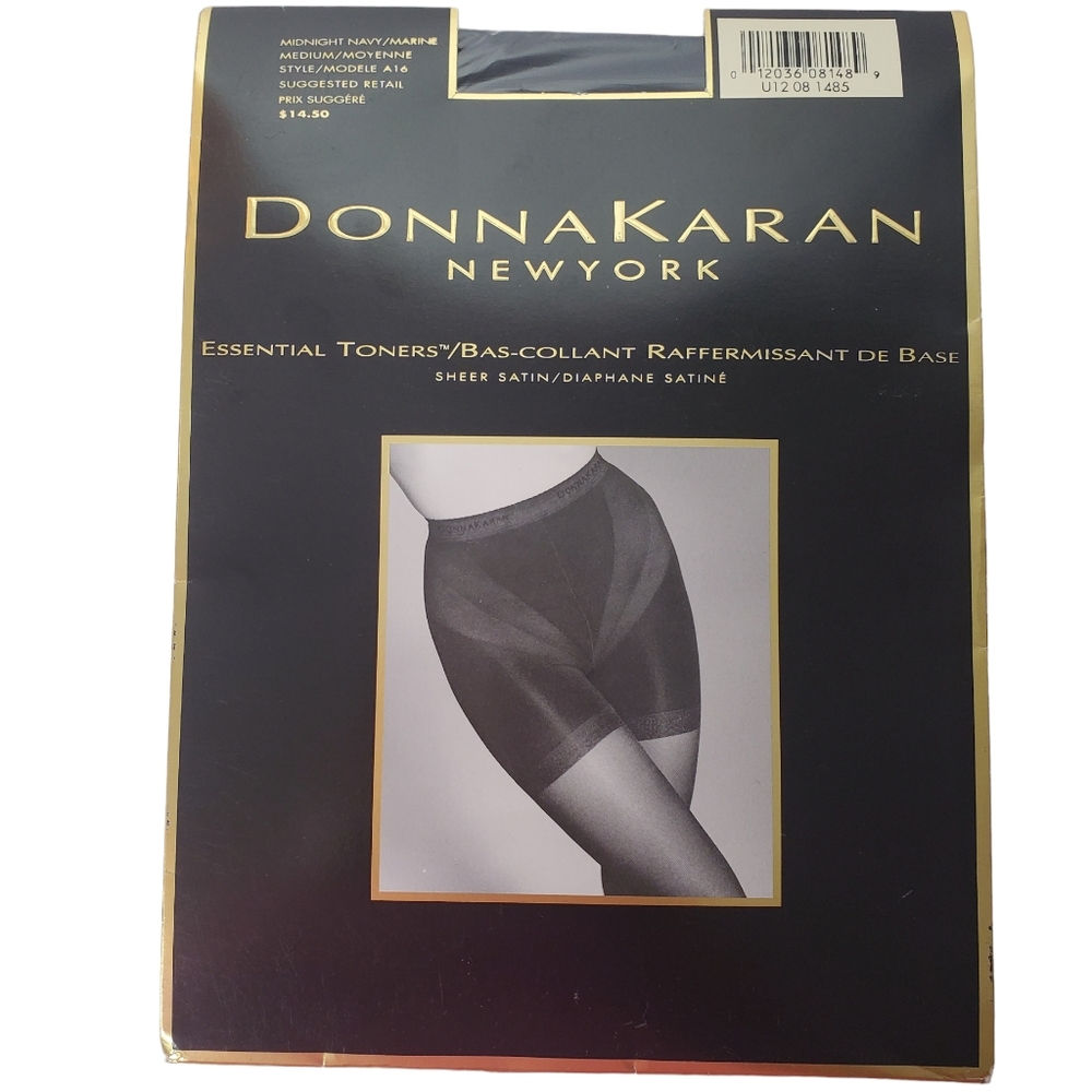DONNA KARAN Pantyhose Essential Toners Sheer Satin A16 Midnight Navy Sz M NWT